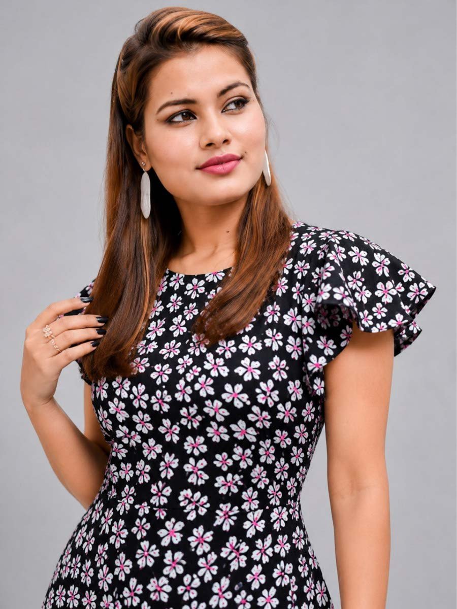 Black A-Line AOP Floral Midi Dress with Short Sleeves