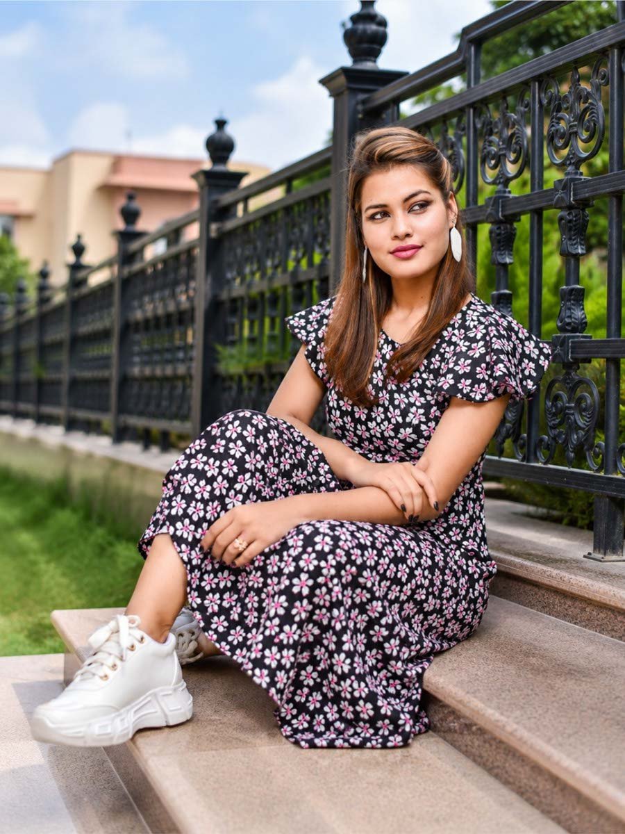 Black A-Line AOP Floral Midi Dress with Short Sleeves