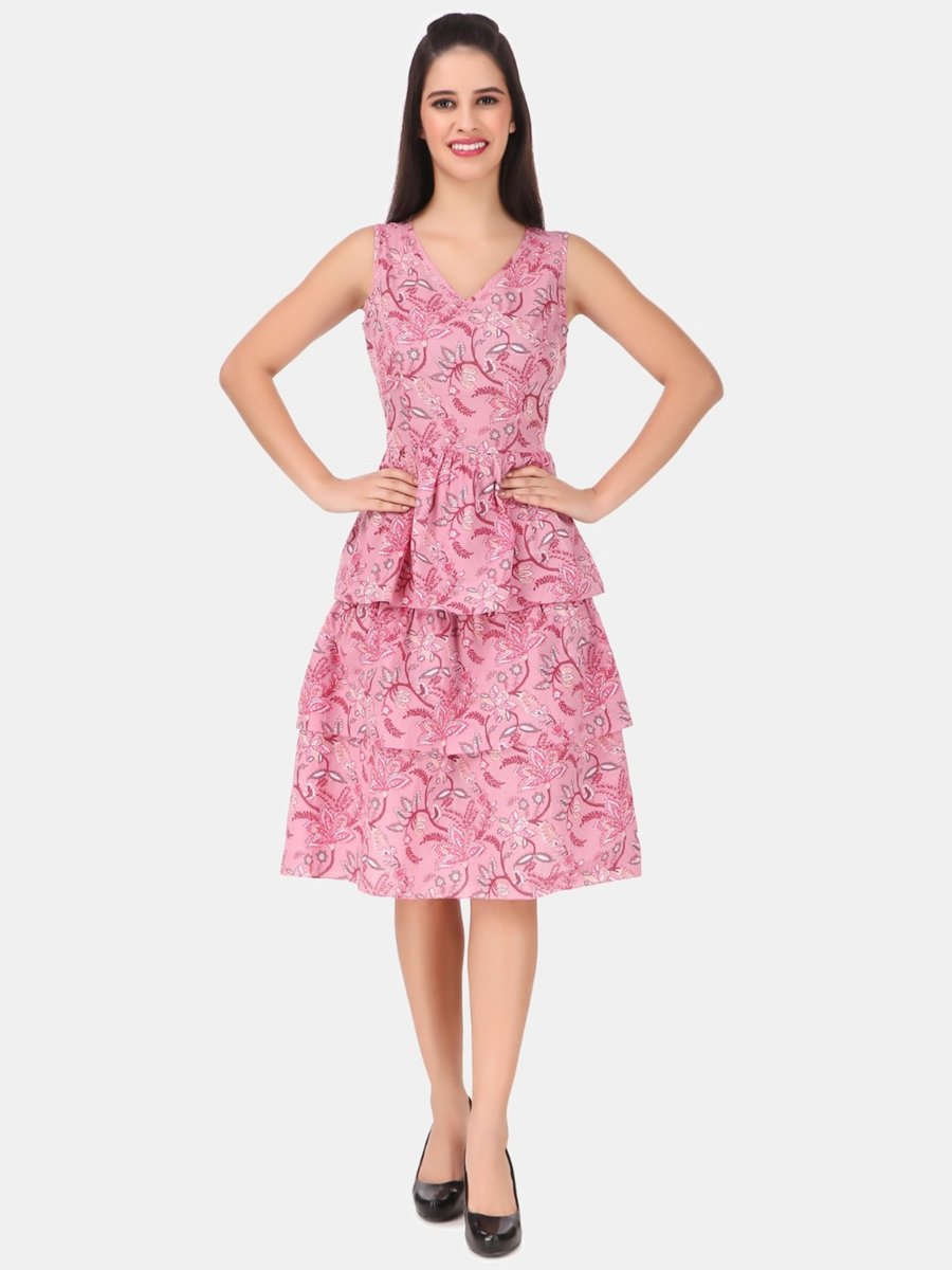 Pink AOP Sleeveless Knee Length A-Line Tiered Dress