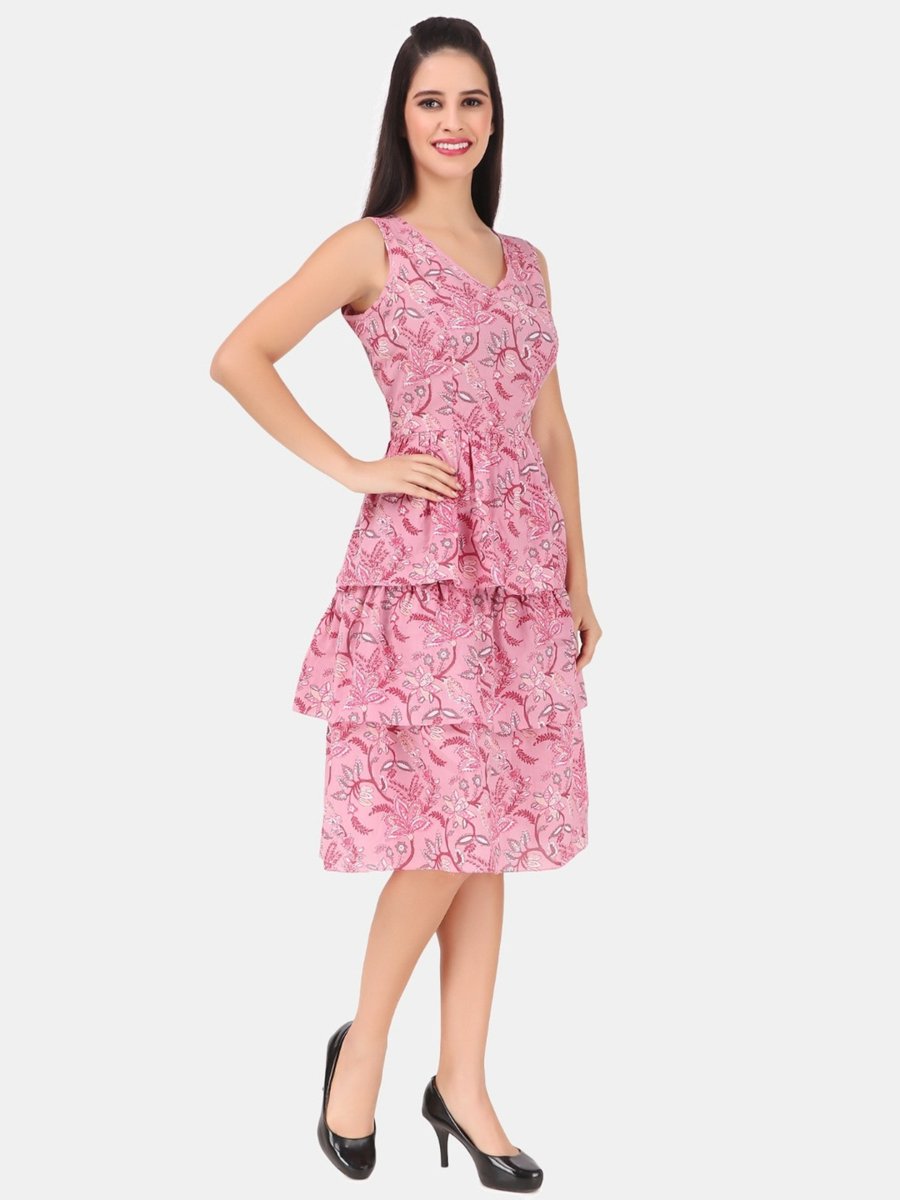 Pink AOP Sleeveless Knee Length A-Line Tiered Dress