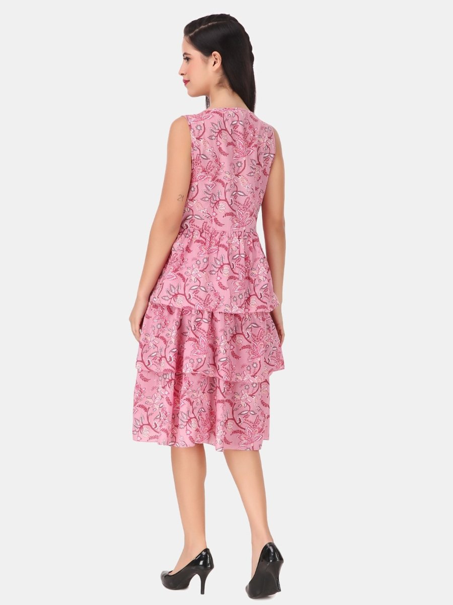 Pink AOP Sleeveless Knee Length A-Line Tiered Dress