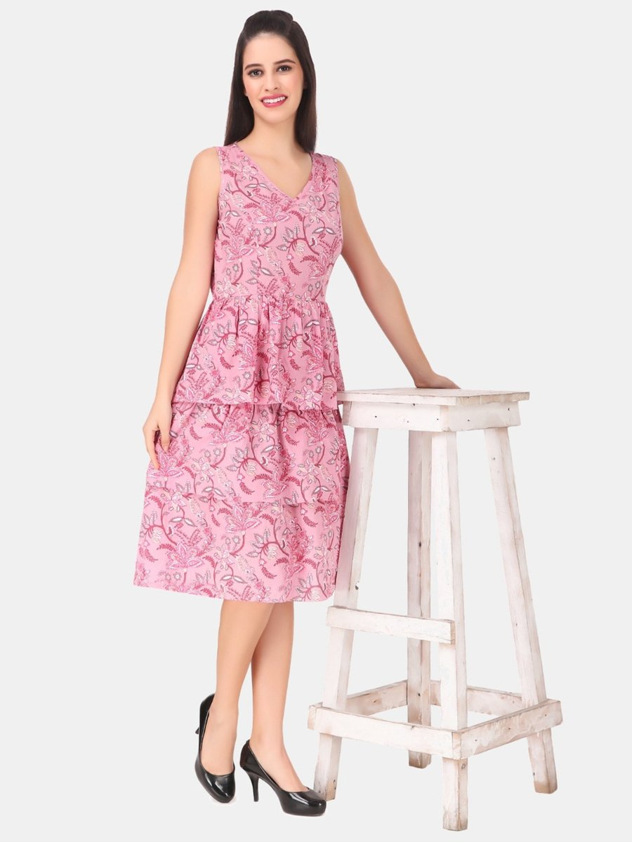 Pink AOP Sleeveless Knee Length A-Line Tiered Dress