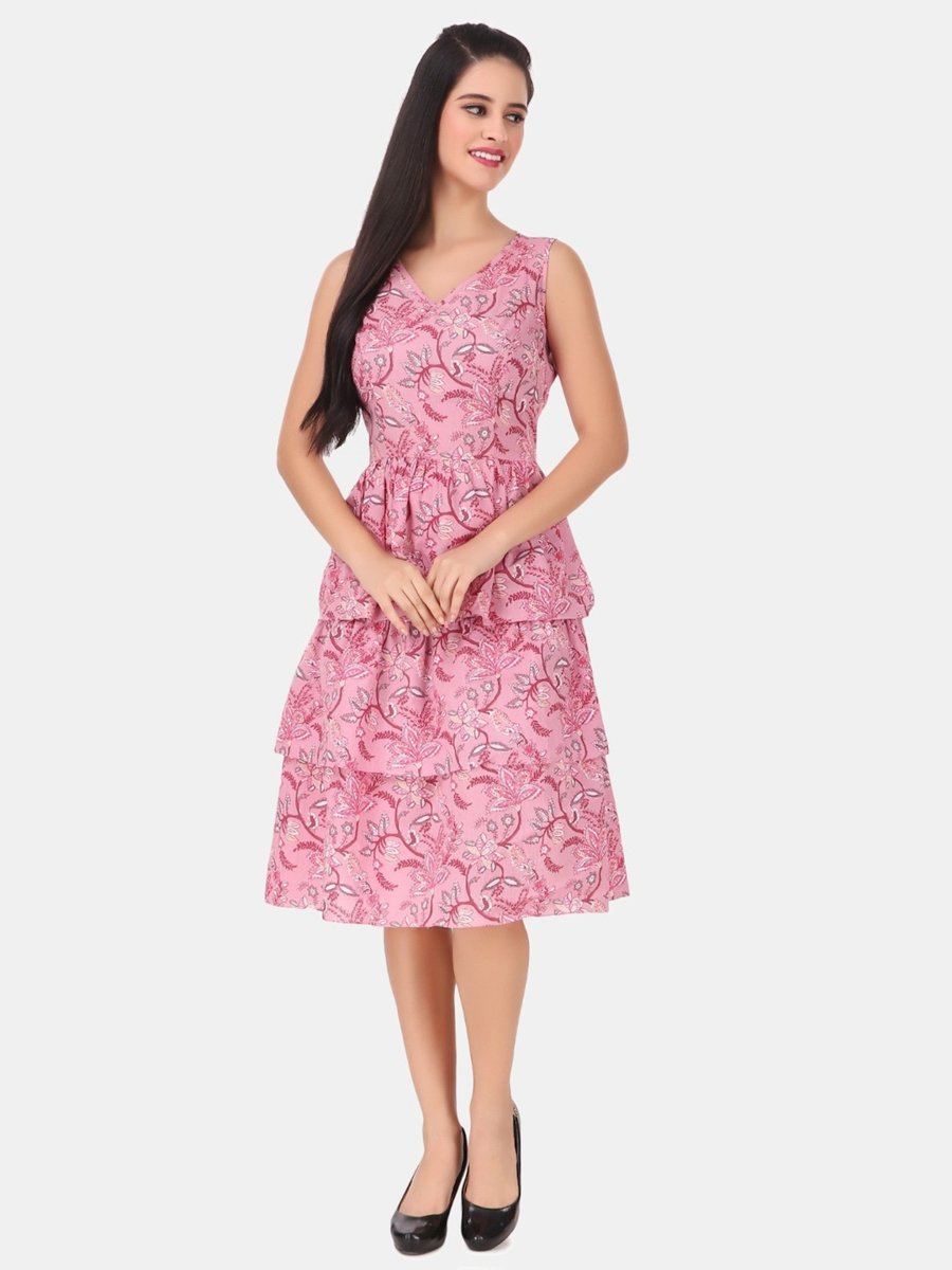 Pink AOP Sleeveless Knee Length A-Line Tiered Dress