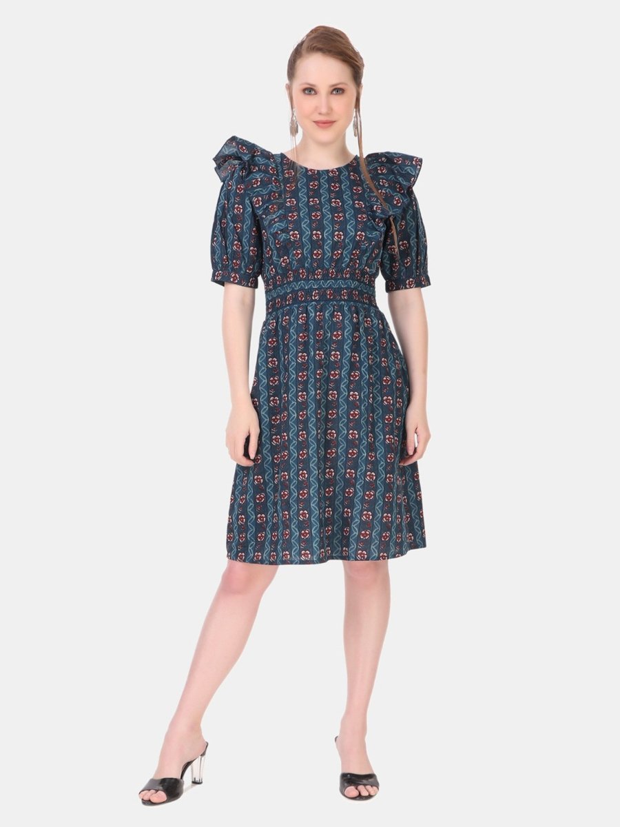 Blue Self-Design A-Line Knee-Length Dress with Short Sleeves