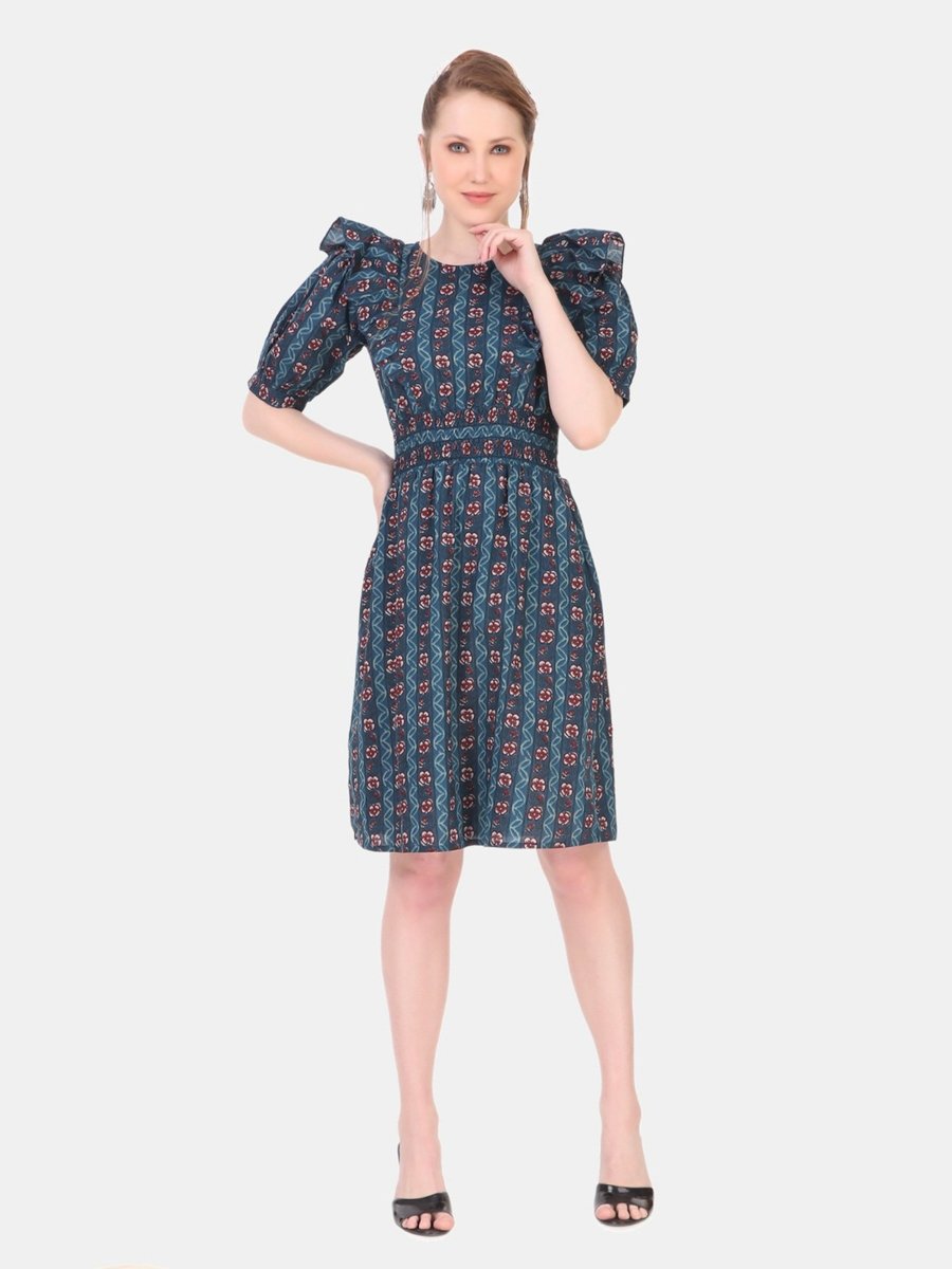 Blue Self-Design A-Line Knee-Length Dress with Short Sleeves