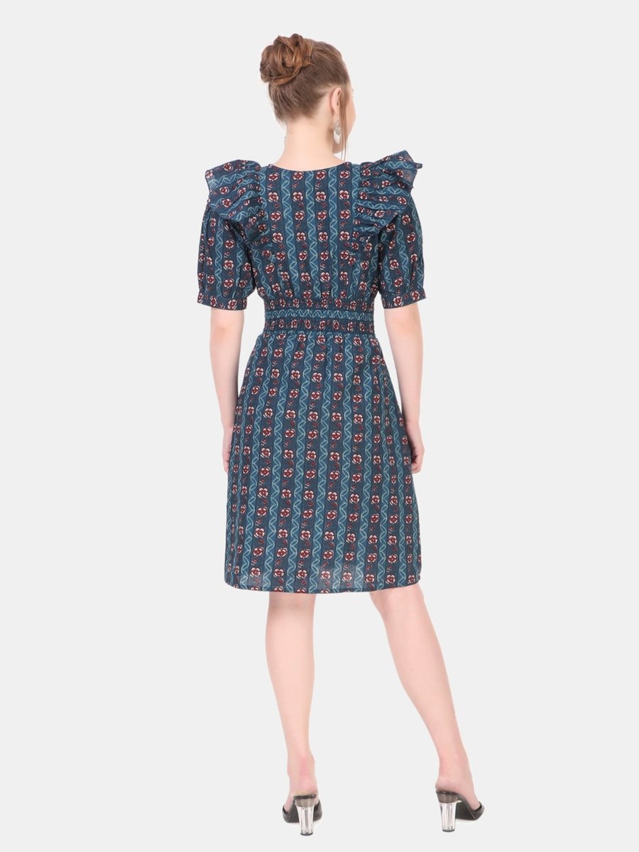 Blue Self-Design A-Line Knee-Length Dress with Short Sleeves