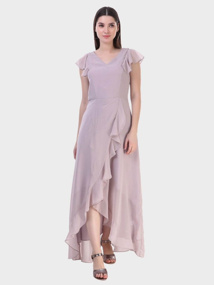 Purple Fit and Flare Maxi Dress with Ruffle Sleeves