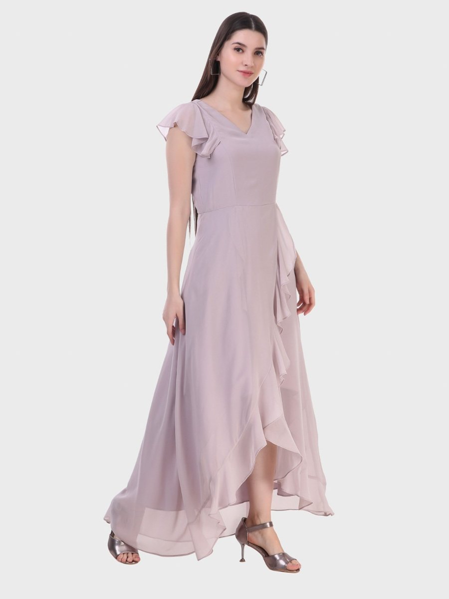 Purple Fit and Flare Maxi Dress with Ruffle Sleeves