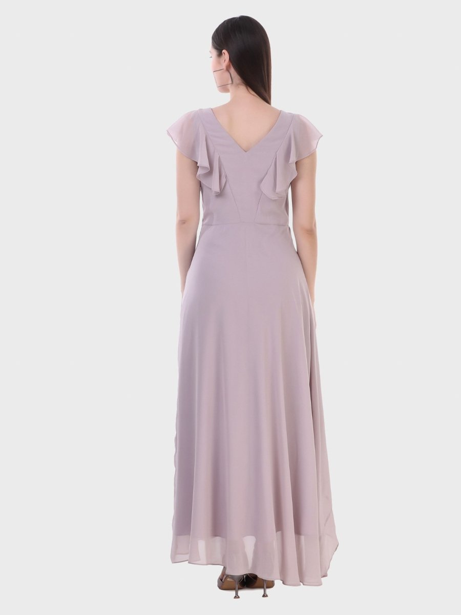 Purple Fit and Flare Maxi Dress with Ruffle Sleeves