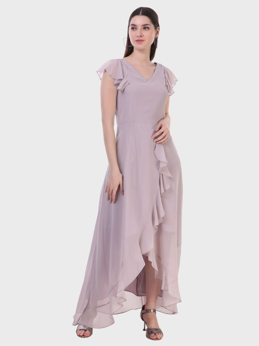 Purple Fit and Flare Maxi Dress with Ruffle Sleeves