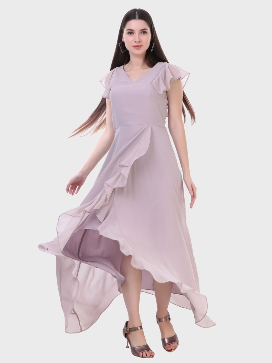 Purple Fit and Flare Maxi Dress with Ruffle Sleeves
