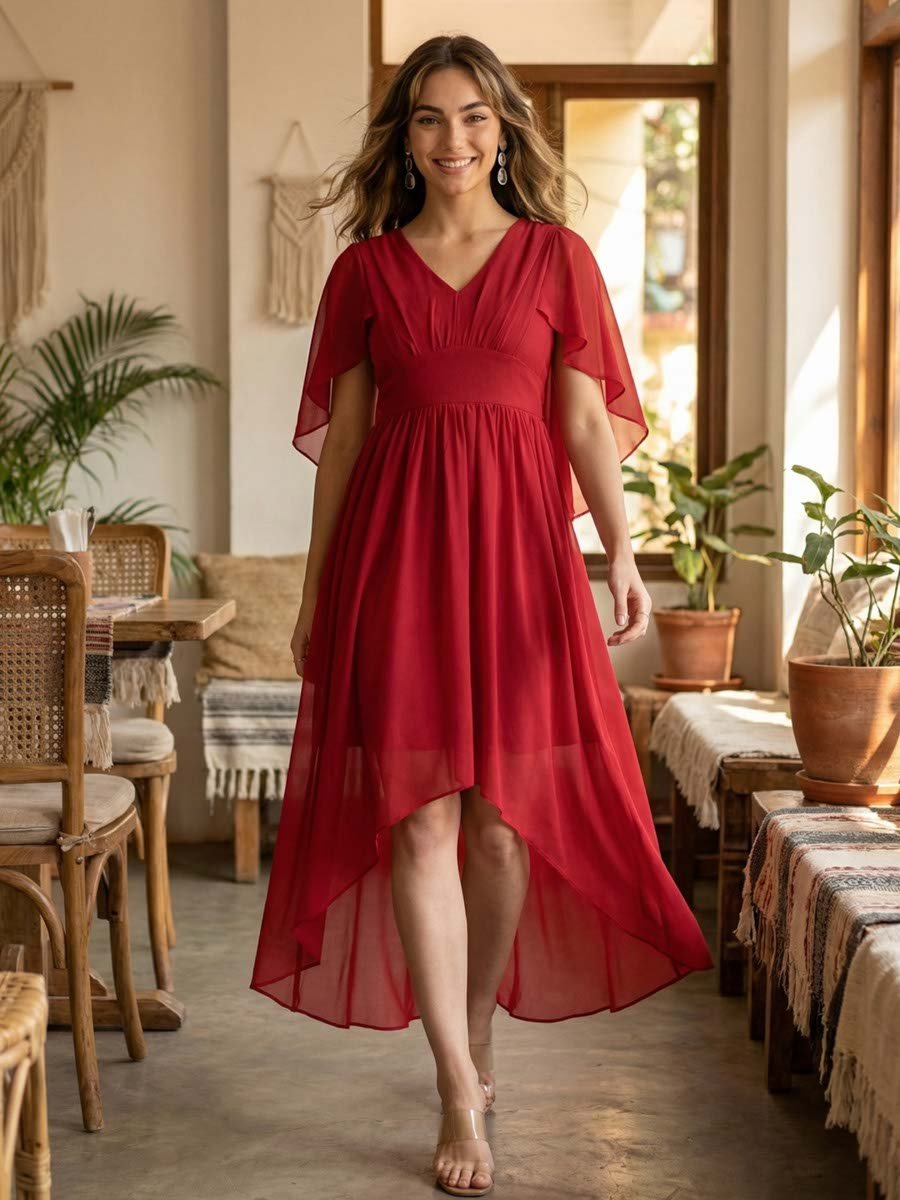 Red A-Line Maxi Dress with Short Sleeves