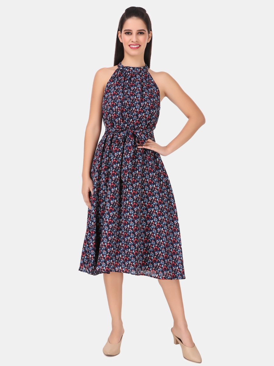 Blue Floral Halter Neck A-Line Midi Dress