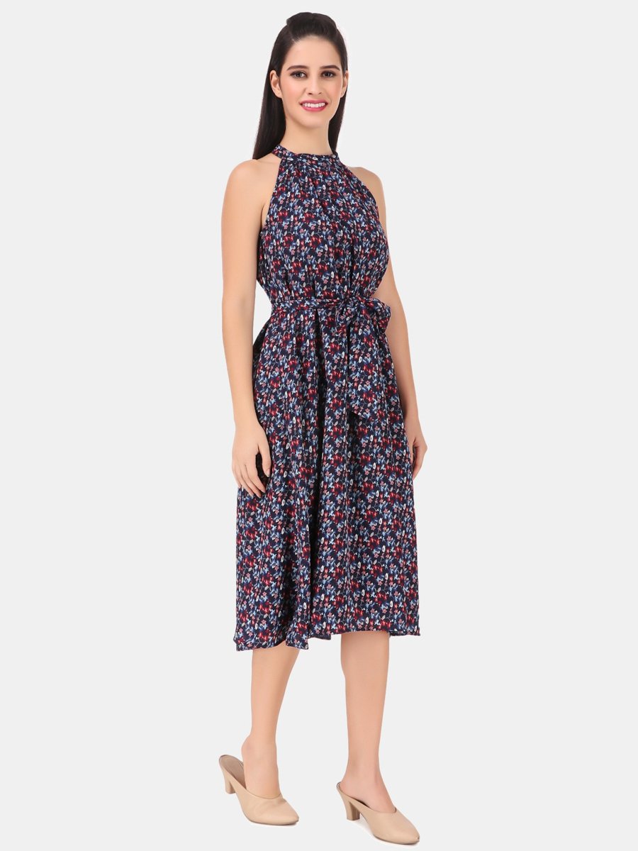 Blue Floral Halter Neck A-Line Midi Dress