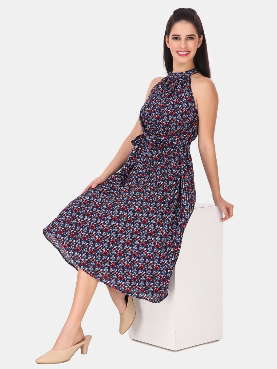 Blue Floral Halter Neck A-Line Midi Dress