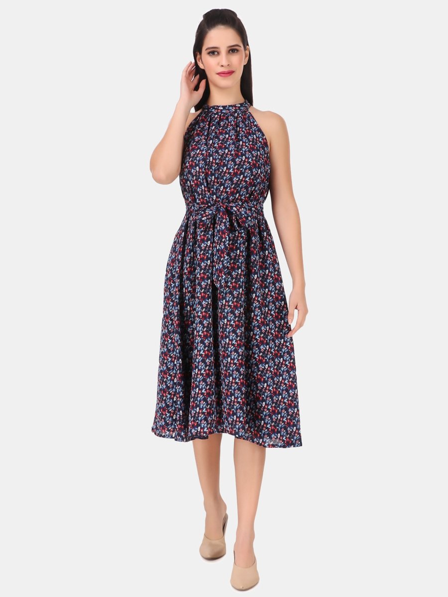 Blue Floral Halter Neck A-Line Midi Dress
