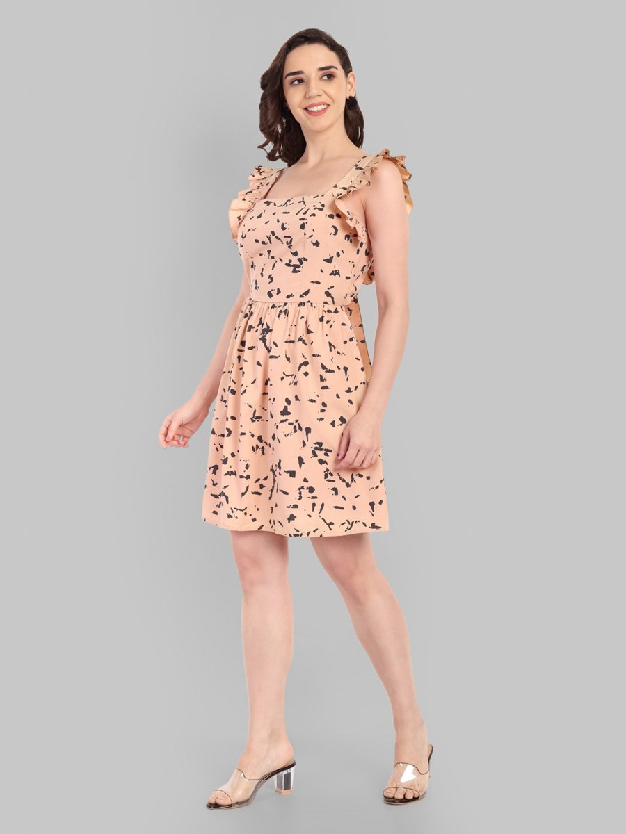 Peach A-Line Sleeveless Knee-Length Dress with All-Over Print