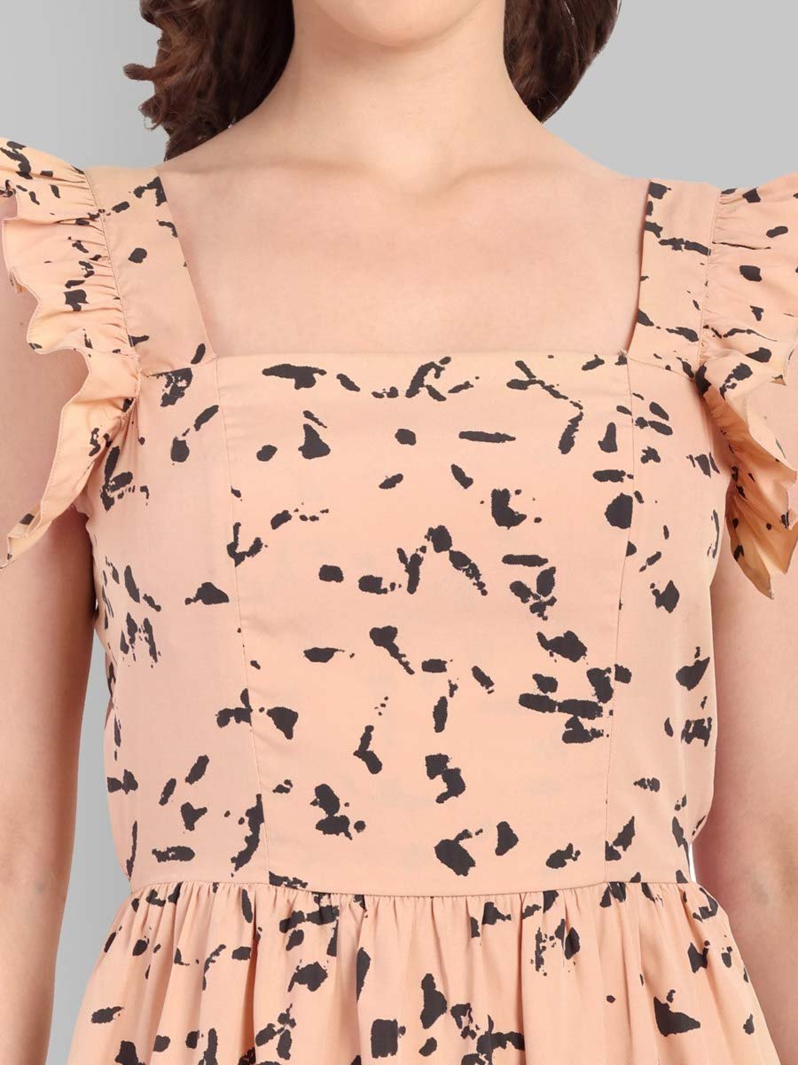 Peach A-Line Sleeveless Knee-Length Dress with All-Over Print