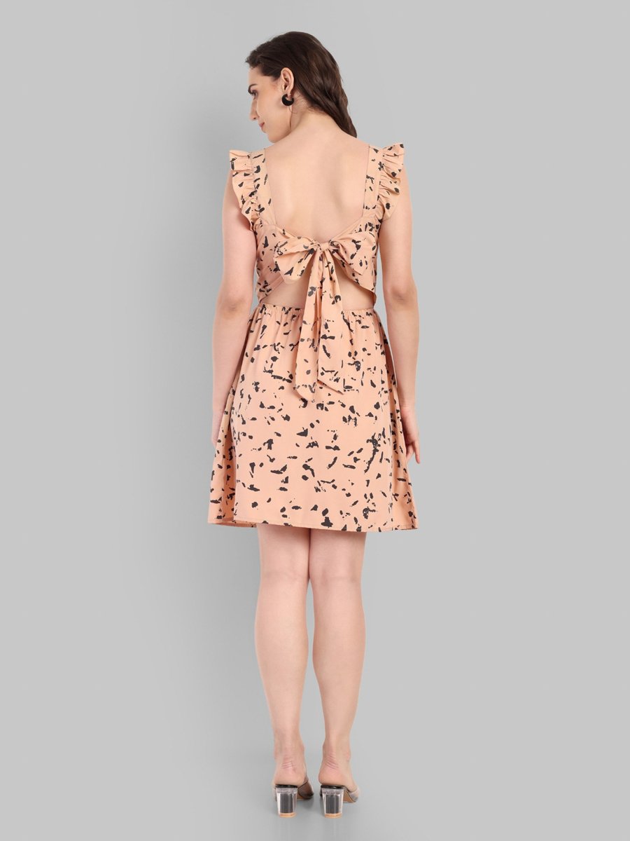 Peach A-Line Sleeveless Knee-Length Dress with All-Over Print