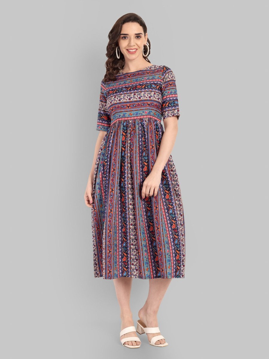 Multi-Color A-Line Maxi Dress with Short Sleeves with All-Over Print