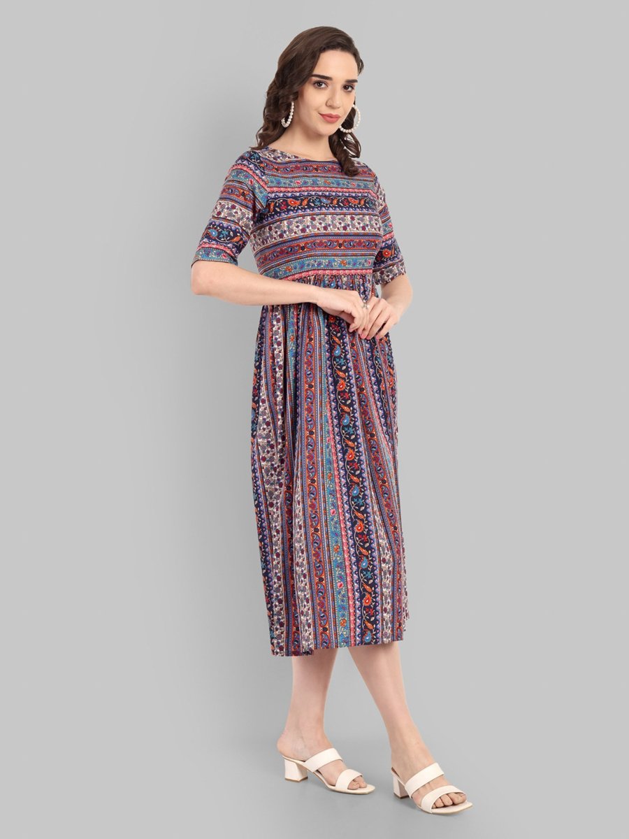 Multi-Color A-Line Maxi Dress with Short Sleeves with All-Over Print