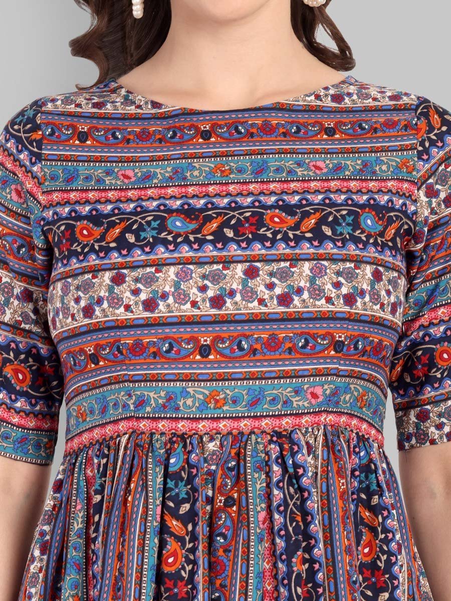 Multi-Color A-Line Maxi Dress with Short Sleeves with All-Over Print