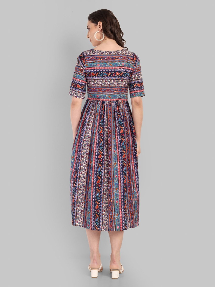 Multi-Color A-Line Maxi Dress with Short Sleeves with All-Over Print