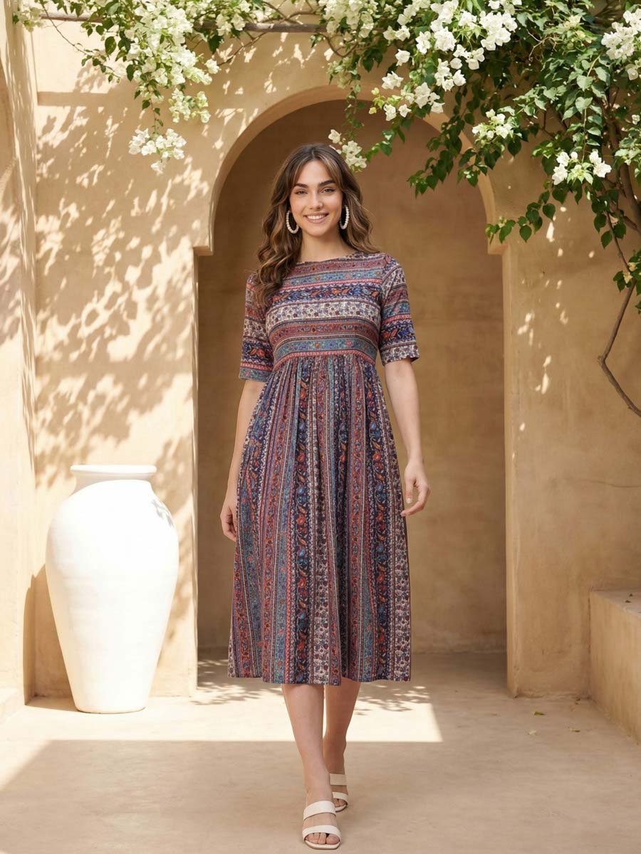 Multi-Color A-Line Maxi Dress with Short Sleeves with All-Over Print