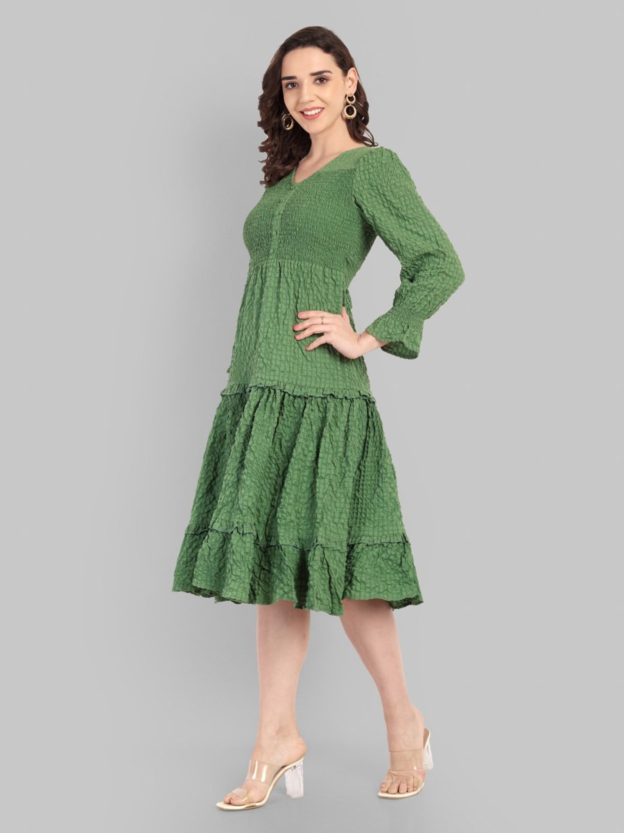 Green A-Line Midi Dress with Long Sleeves