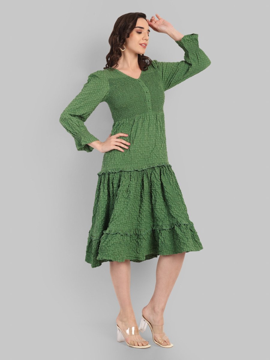 Green A-Line Midi Dress with Long Sleeves