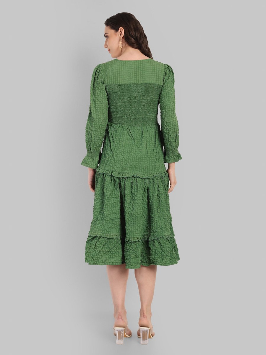 Green A-Line Midi Dress with Long Sleeves