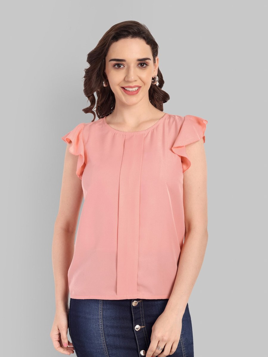Peach Solid Ruffled Sleeves Poly Crepe Top