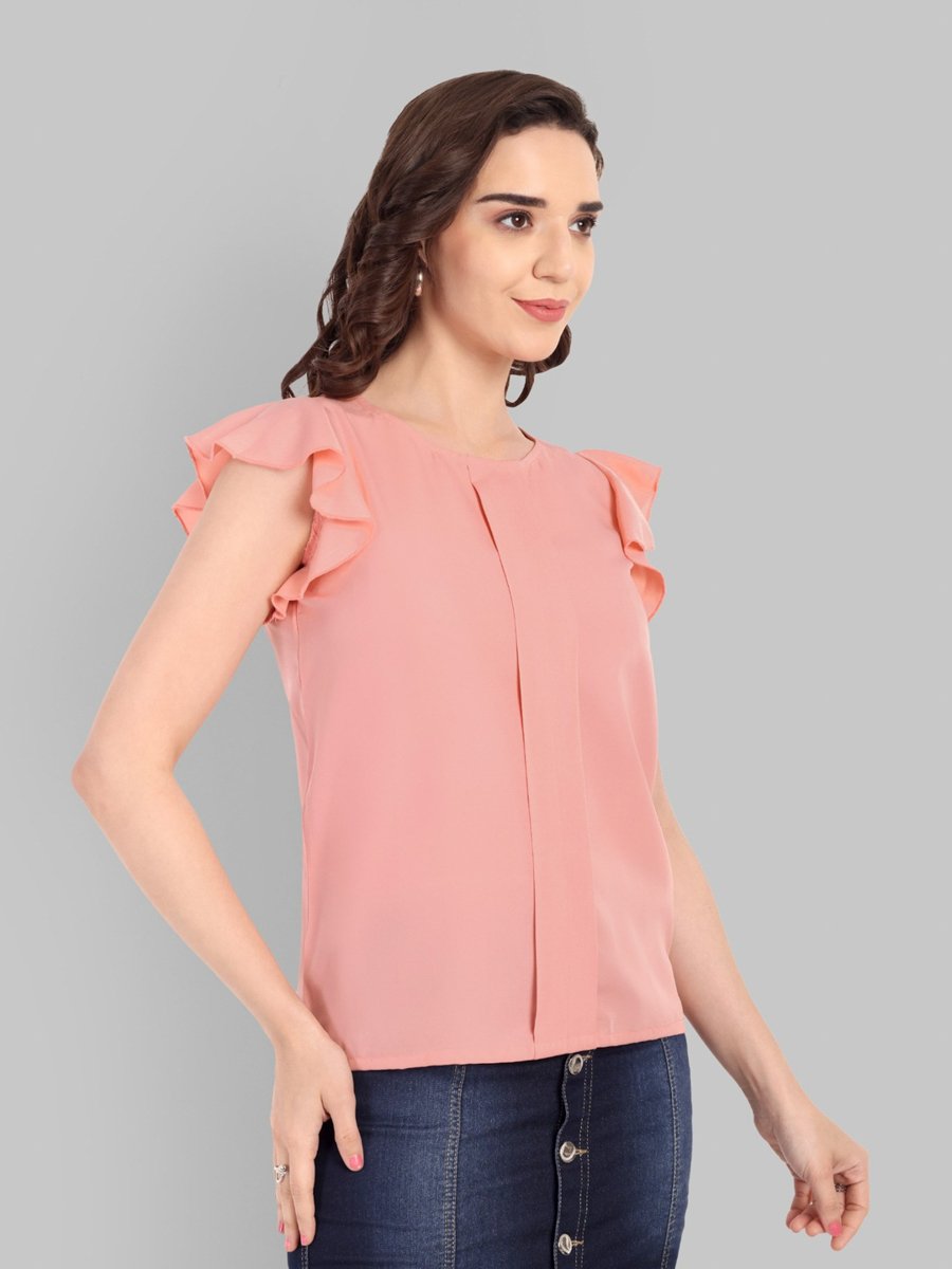 Peach Solid Ruffled Sleeves Poly Crepe Top