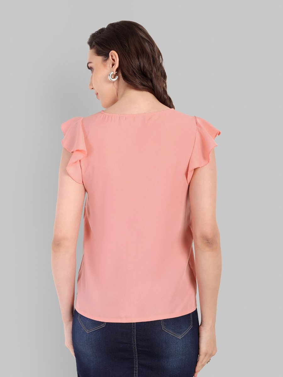 Peach Solid Ruffled Sleeves Poly Crepe Top