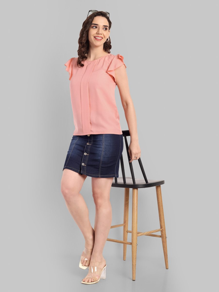 Peach Solid Ruffled Sleeves Poly Crepe Top