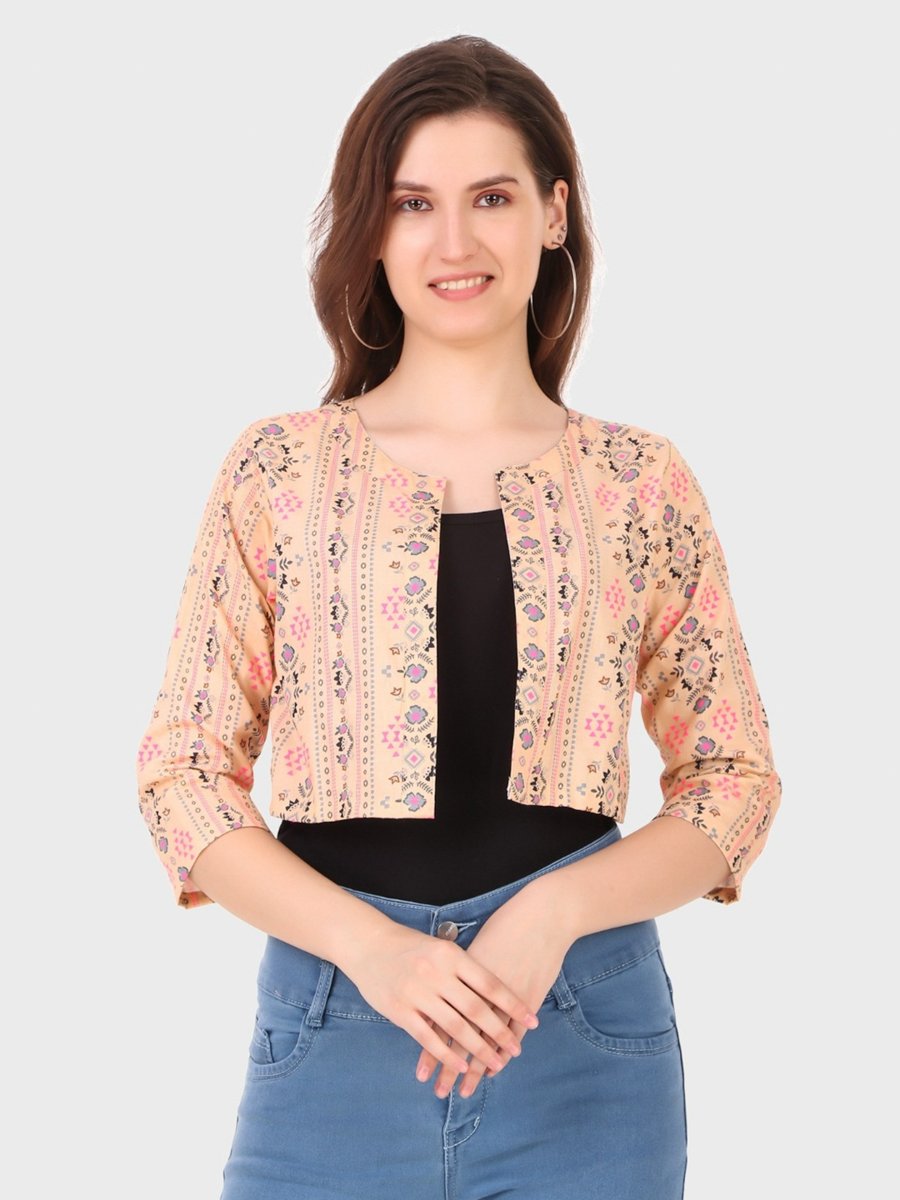 Beige Floral Print Open Front Shrug Jacket