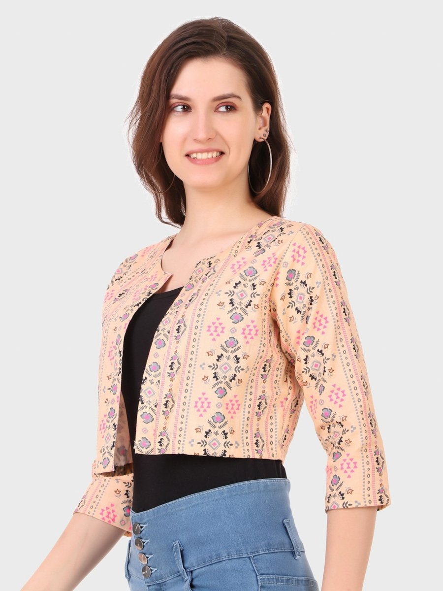 Beige Floral Print Open Front Shrug Jacket