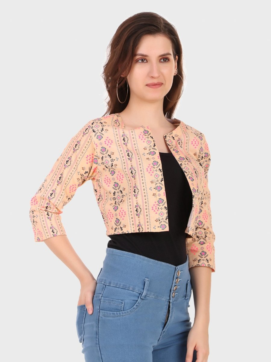 Beige Floral Print Open Front Shrug Jacket