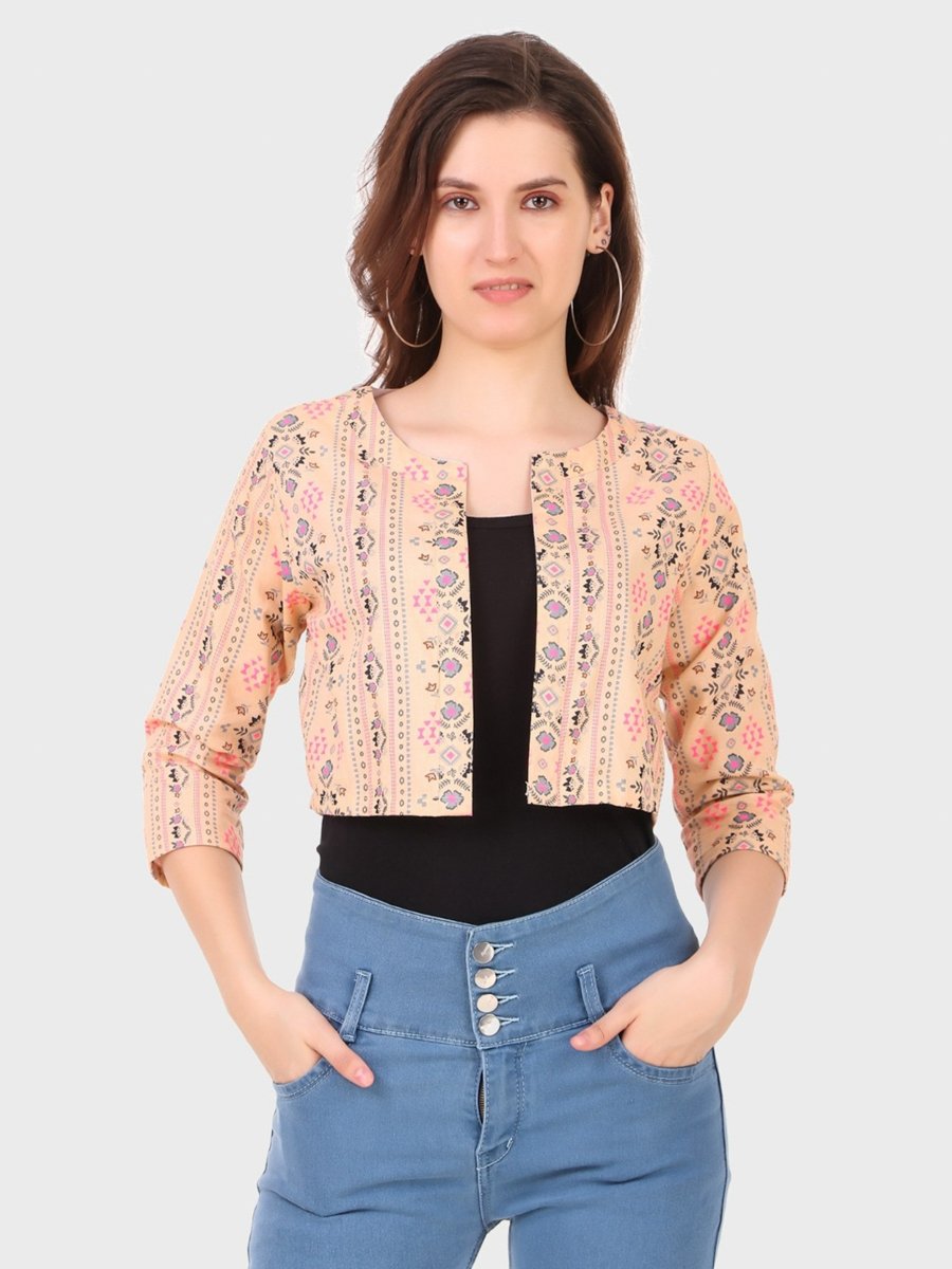 Beige Floral Print Open Front Shrug Jacket