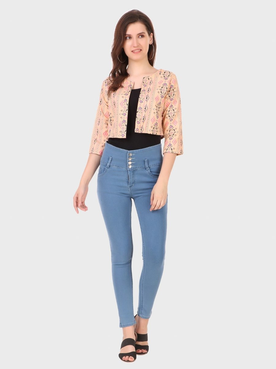 Beige Floral Print Open Front Shrug Jacket