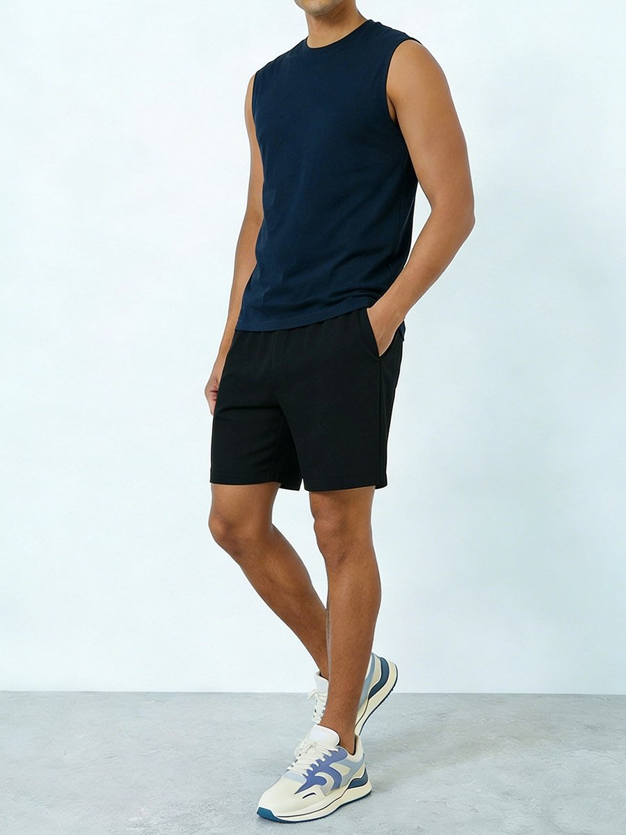 Men Navy Blue Graphic Print Round Neck Tank and Shorts Co-Ords