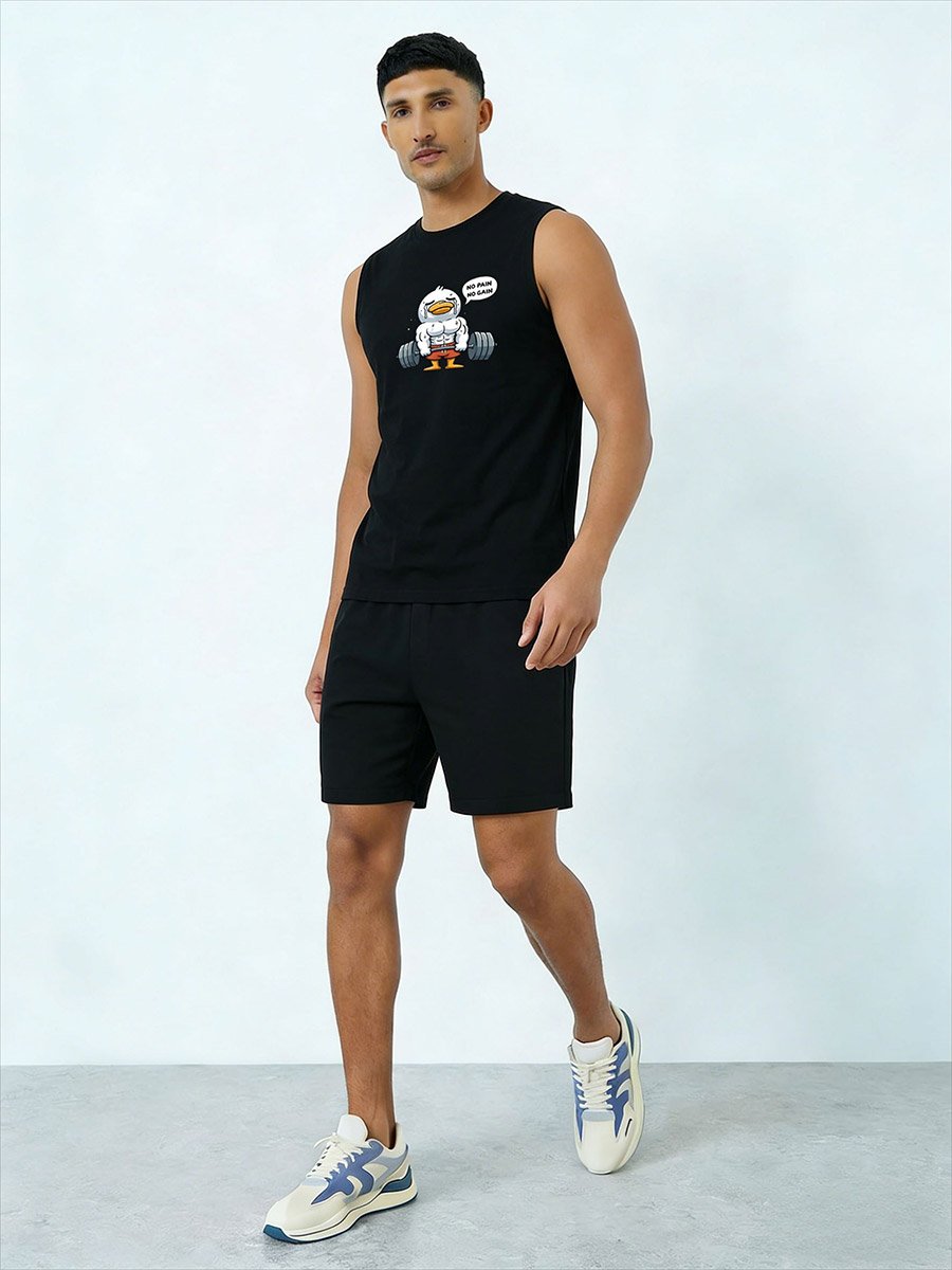 Men Black Graphic Print Round Neck Tank and Shorts Co-Ords