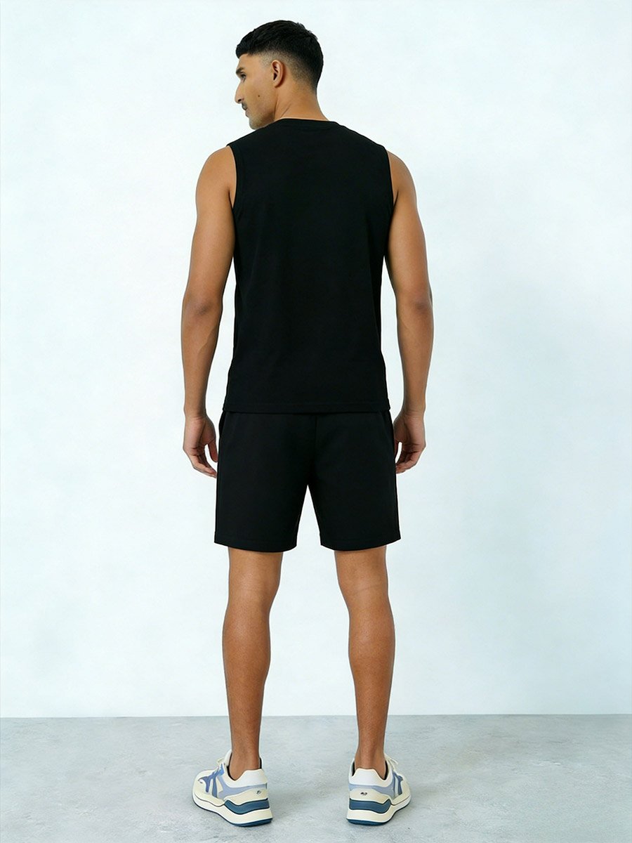 Men Black Graphic Print Round Neck Tank and Shorts Co-Ords