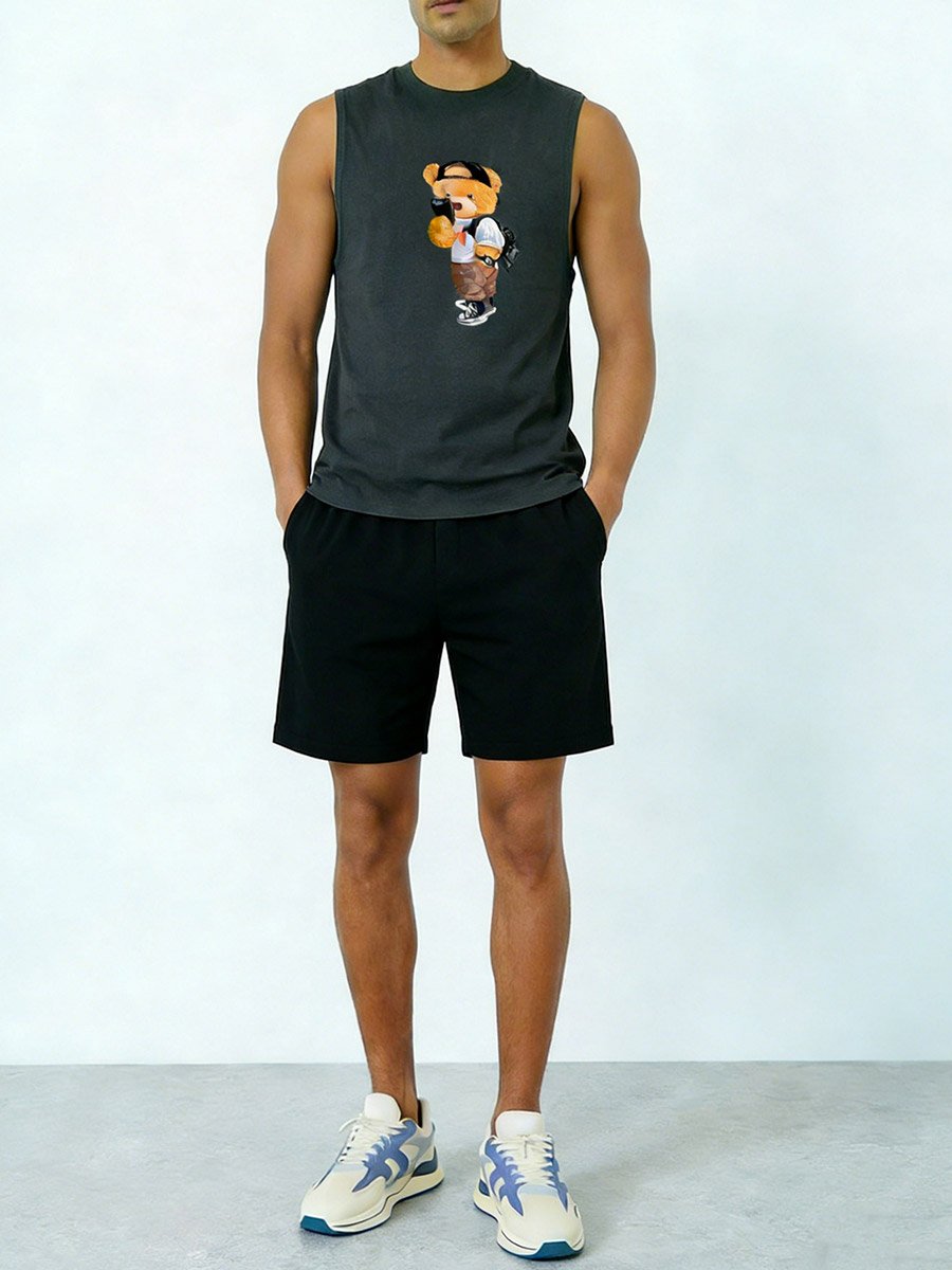 Men Grey Graphic Print Round Neck Tank and Shorts Co-Ords