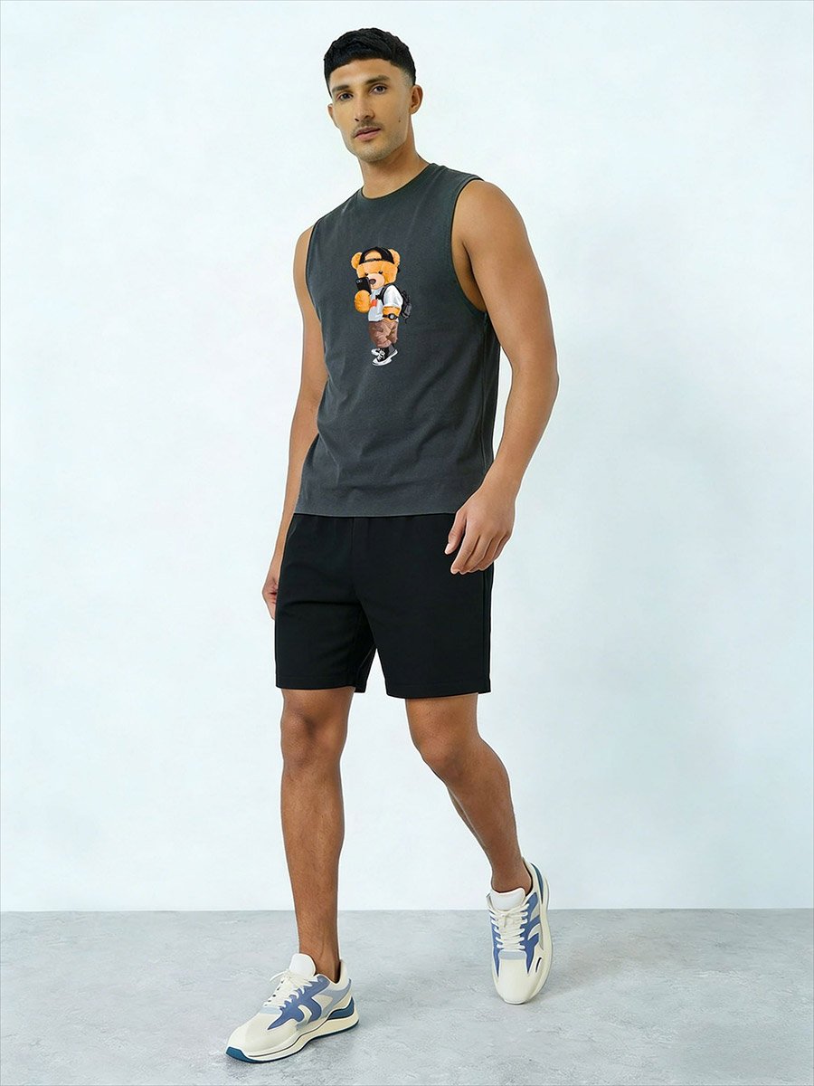 Men Grey Graphic Print Round Neck Tank and Shorts Co-Ords