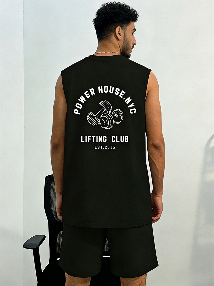 Men Black Graphic Print Round Neck Tank and Shorts Co-Ords