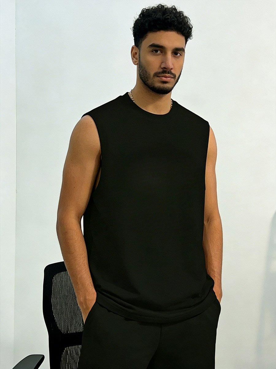 Men Black Graphic Print Round Neck Tank and Shorts Co-Ords