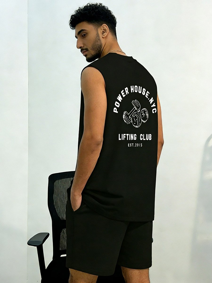 Men Black Graphic Print Round Neck Tank and Shorts Co-Ords