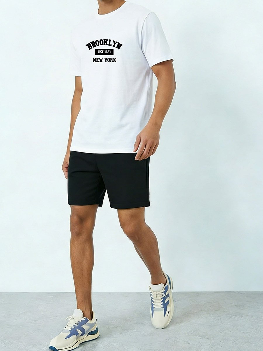 Men White Slogan Print Short Sleeve T-Shirt and Shorts Co-Ords