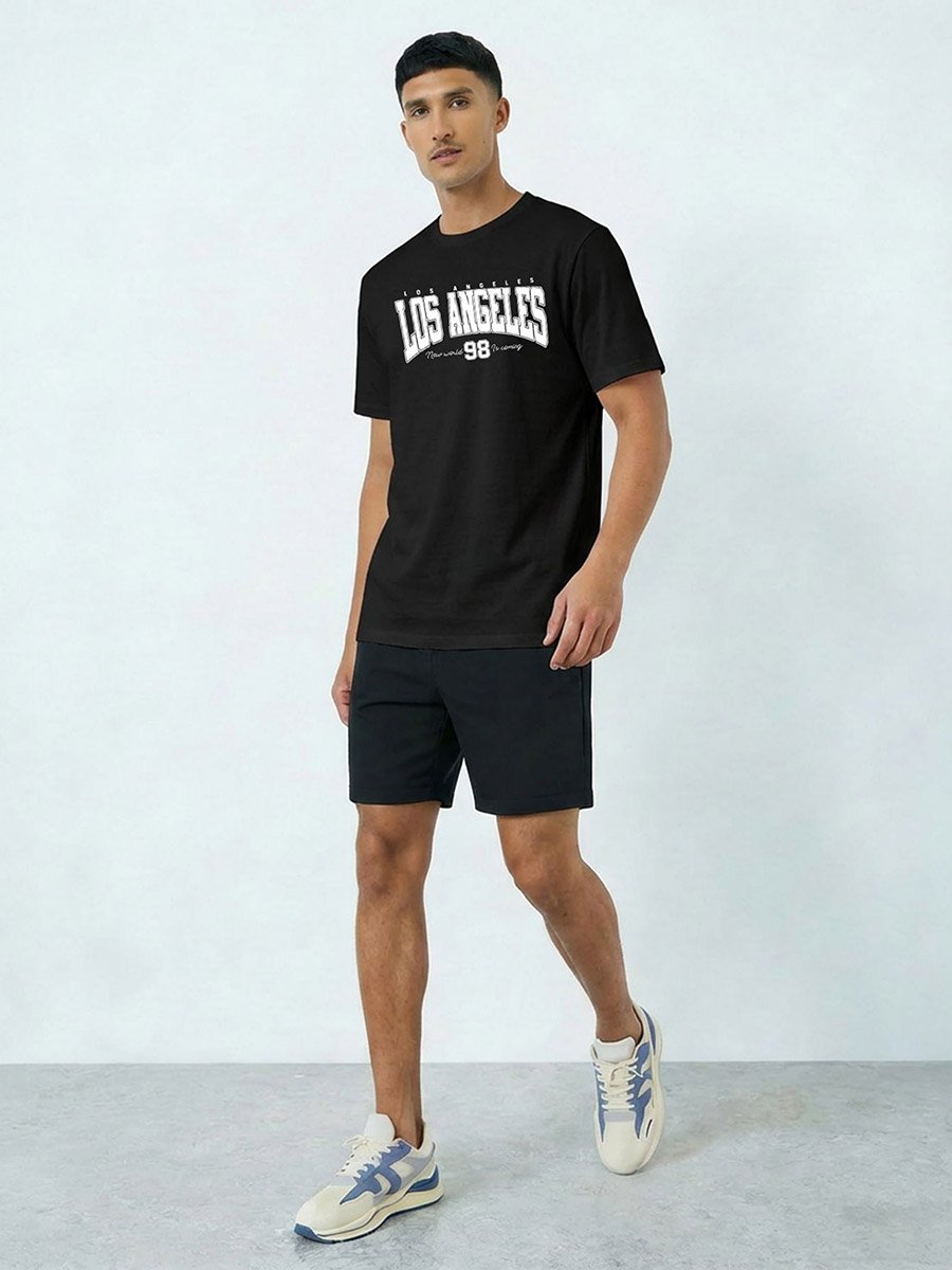 Men Black Graphic Print Short Sleeve T-Shirt and Shorts Co-Ords